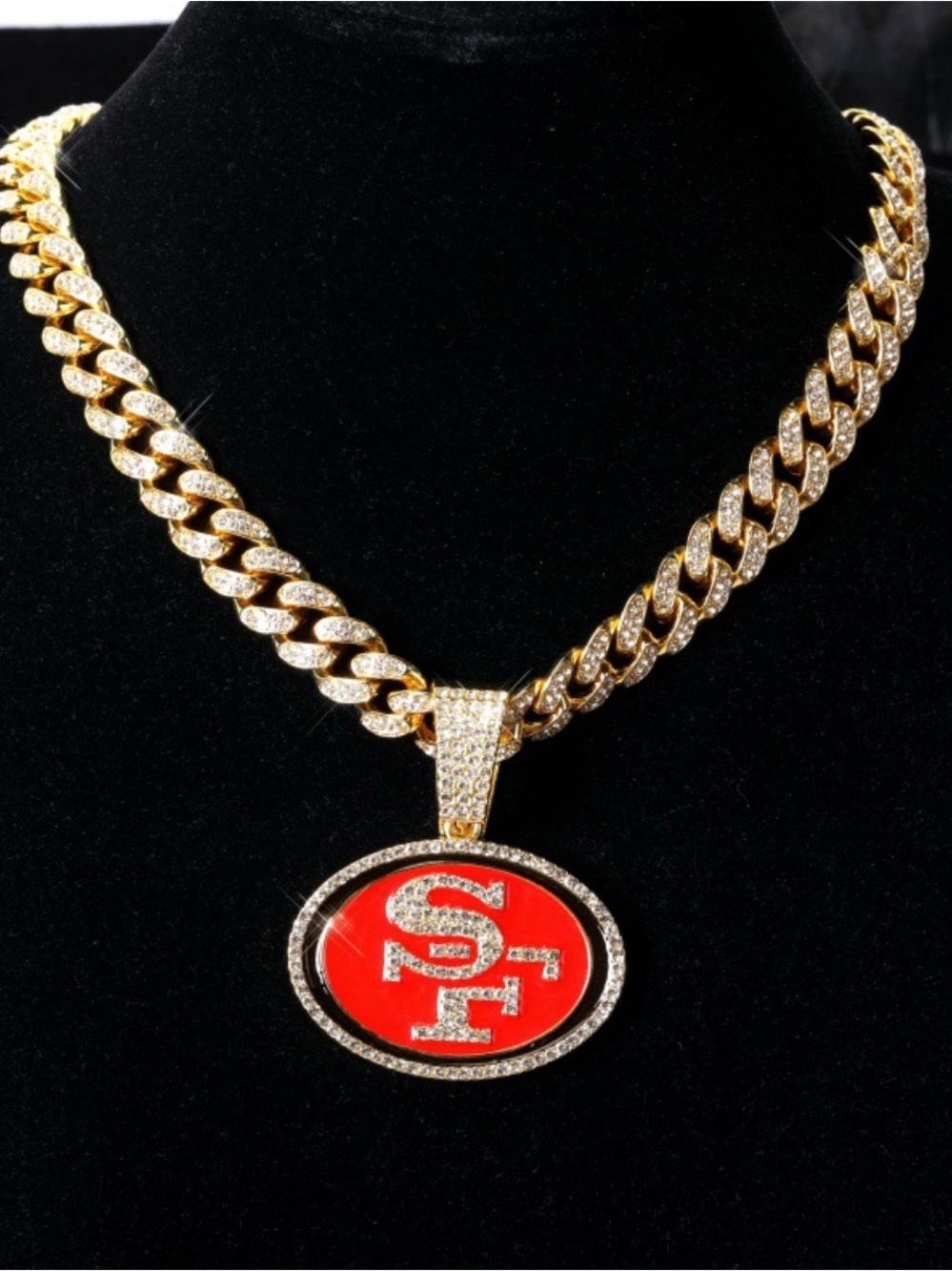 Gold-Tone Red SF Pendant Cuban Chain Necklace